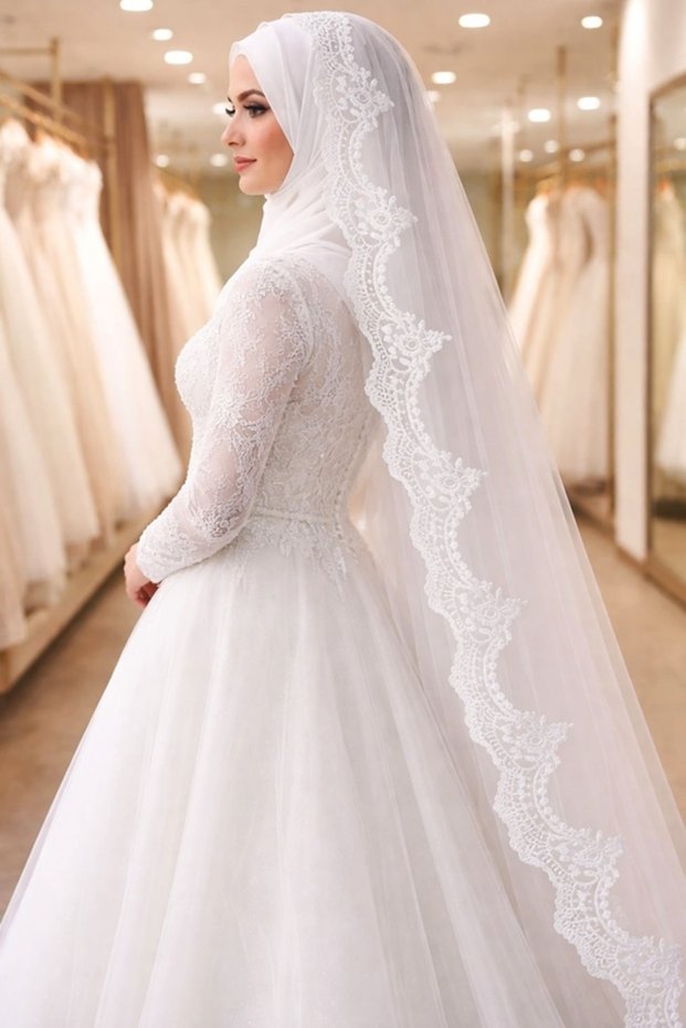 Tesettür Bridal Veil Nun Model French Lace 2.5 Meters Long Without Comb (Lace Is Not Adhered by Glue, but by Sewing)