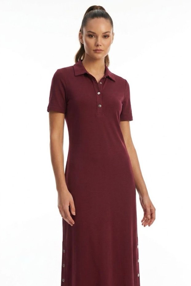 Women's Midi Length Modal Dress with Snap Detail on Collar and Skirt