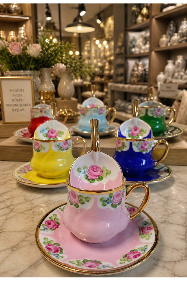 Esterhomedecor 6-Person Hand-Painted Porcelain Coffee Cup Set and 6 Turkish Delight Bowls