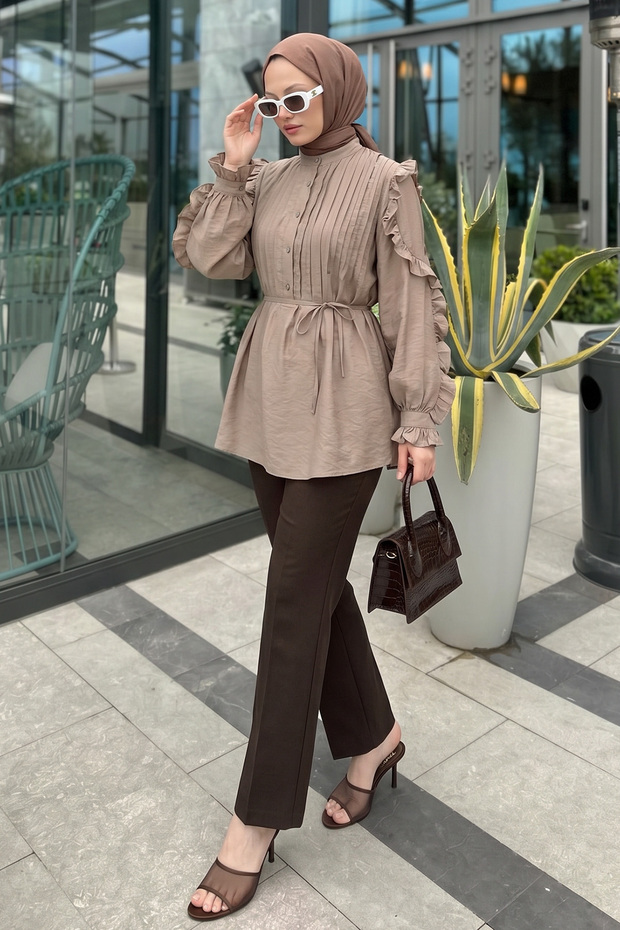 Ribbed Ruffle Sleeve Detailed Tunic Y0116 - Stone Color