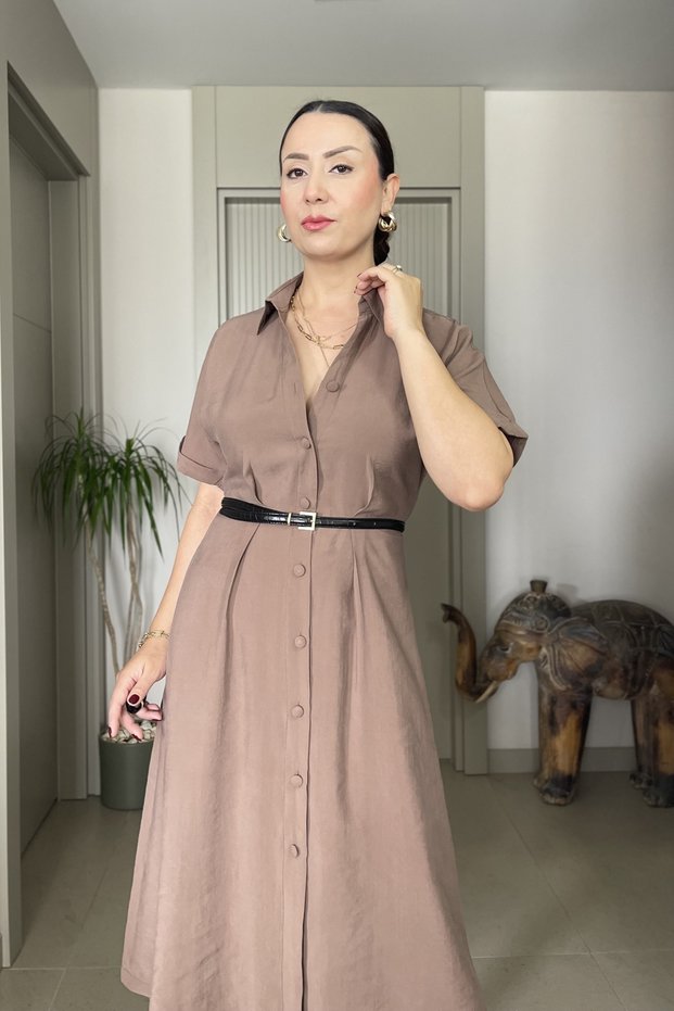 Belted Front Full Button Closure Midi Short Sleeve Dress