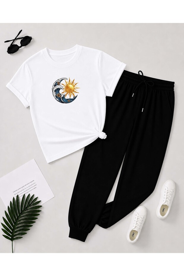 Moon Sun Print Detailed T-Shirt Tracksuit Set