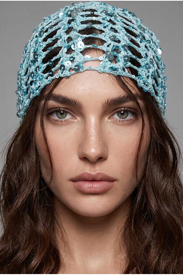 Turquoise Sequined Summer Beret&Hat
