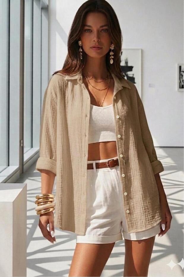 Women's Beige Wrinkled Fabric Shirt