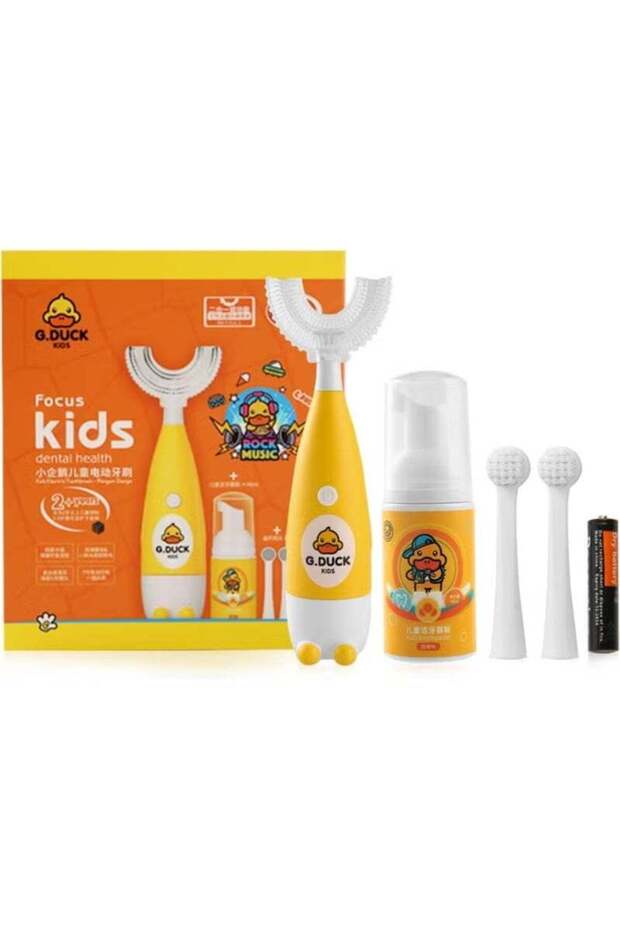 Yellow Duck Kids 2-in-1 Electric Toothbrush & Sonic Toothbrush Set | U-Shaped & Round Brush Heads | 30,000 VPM Gentle Sonic Cleaning | IPX7 Waterproof, Battery-Powered | Includes Foam Toothpaste & AAA