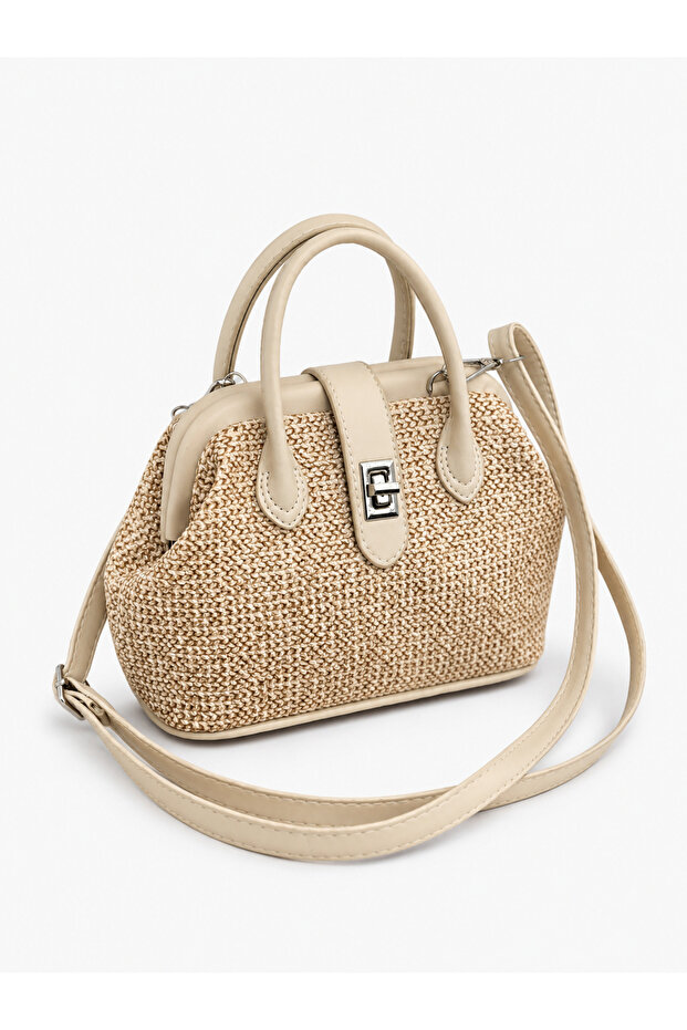 Cream Wicker Women's Retro Model Women's Handbag with Silver Buckle