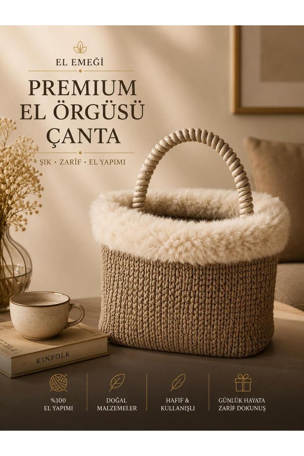 Premium Hand Knitted Women's Bag with Fur Detail, Handmade Shoulder Bag, Beige Designer Bag