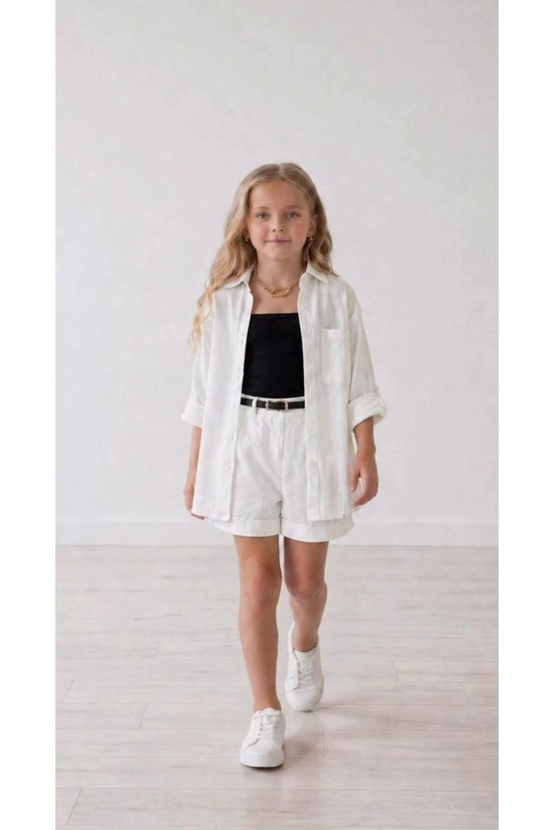 Girls' Muslim Linen Suit Cotton Belt 4-Piece Combination Full Fit