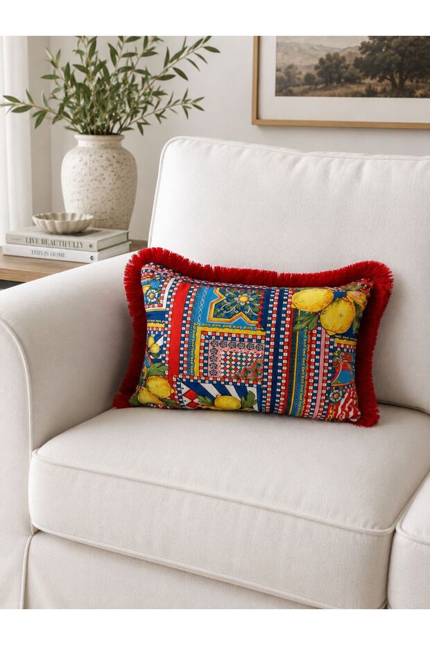 Mi̇lano Series, Fringed Cushion Cover with Double-Sided Print 30X50 cm