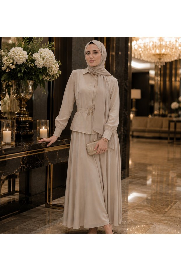 Women's Gold Buckle Belt Detailed Peplum Blouse Flared Skirt Shirt Collar Long Sleeve Hijab Two-Piece Set