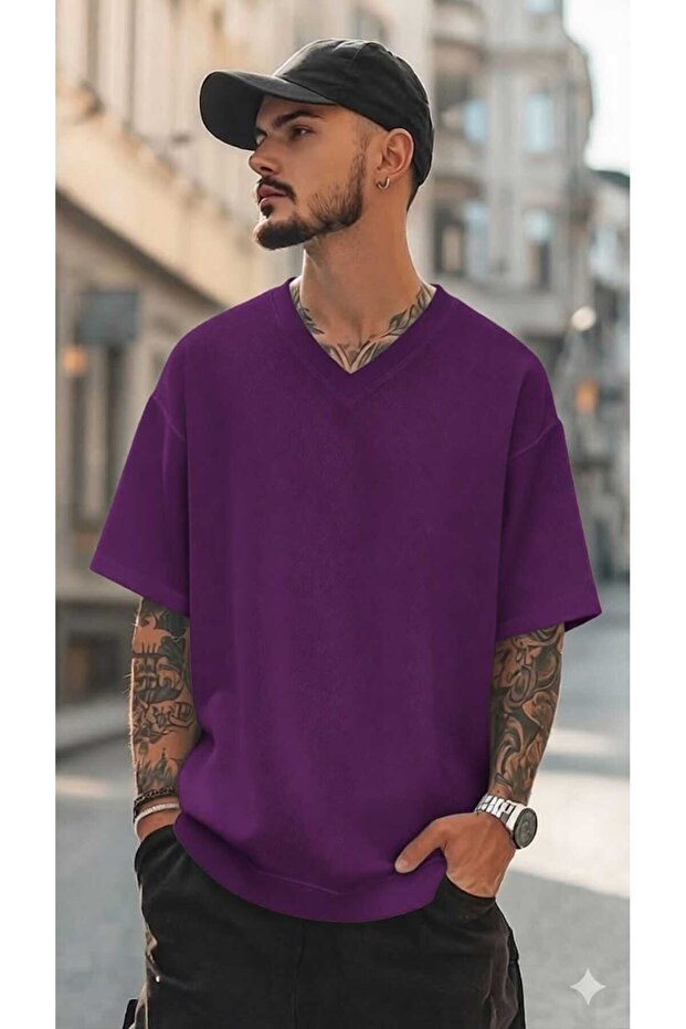 Men's V-Neck Purple Solid Color Cotton T-Shirt