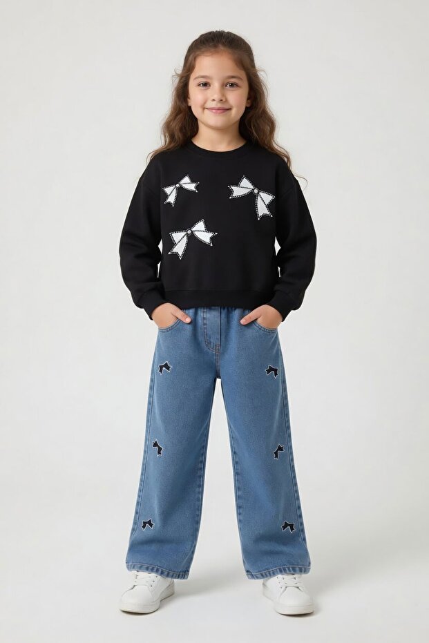 Black Stone Bow Patterned Badili Jean Pants Girls' Top and Bottom Set 24156