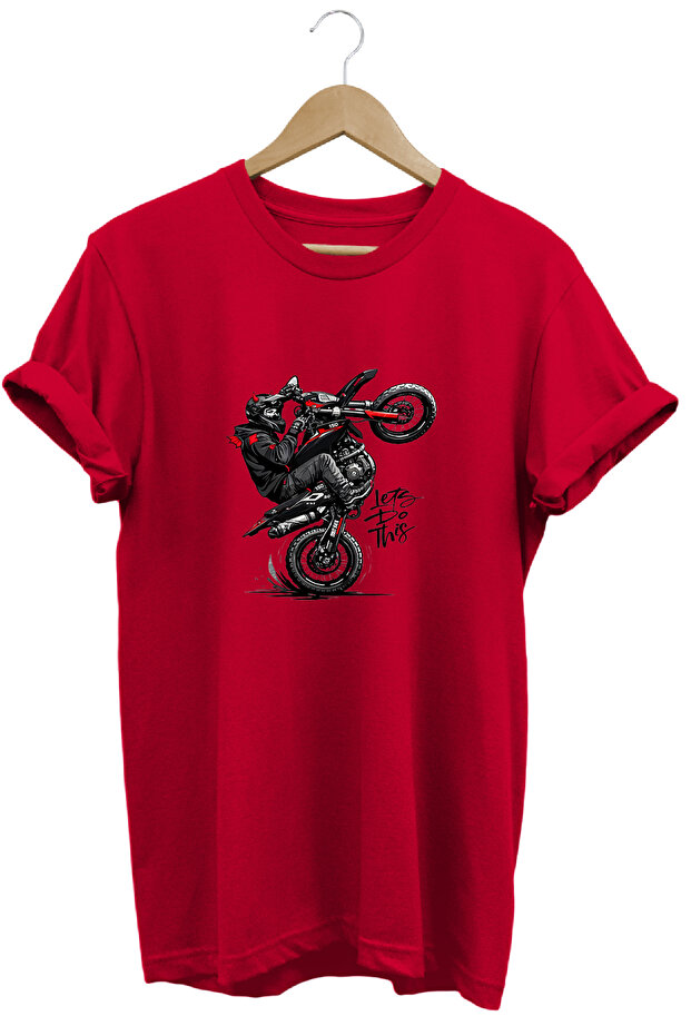 Unisex Motorcycle Single Wheel Printed Oversize Crew Neck T-Shirt