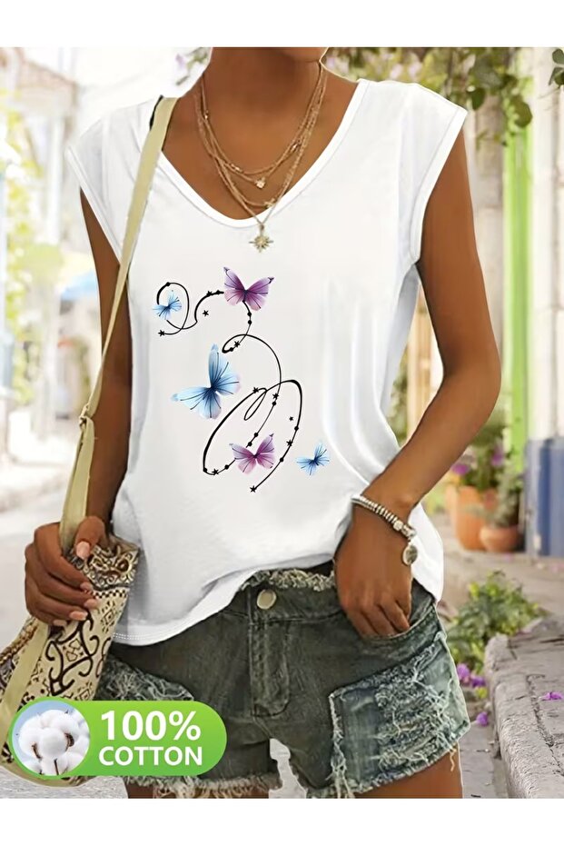 Women's Comfortable Fit V-Neck Tshirt Mixed Printed Tshirt