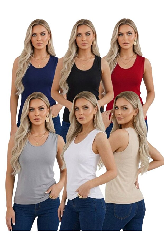Women's Sleeveless Basic Plain Bodysuit 6-Piece Flexible Daily Stylish U-Neck Princess Collar