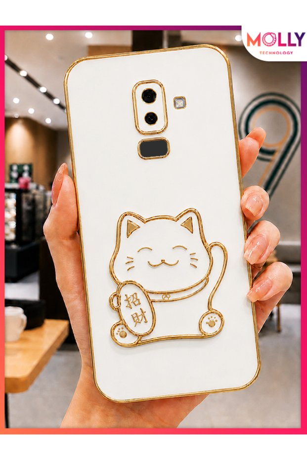 Luxury Silicone Case for Samsung Galaxy A6+ Plus with Pearl White Edges and Gold Detailed Lucky Cat Stand