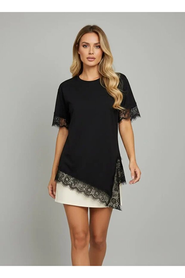 Women's Crew Neck Lace Detail Slit Combed Cotton Blouse 26049