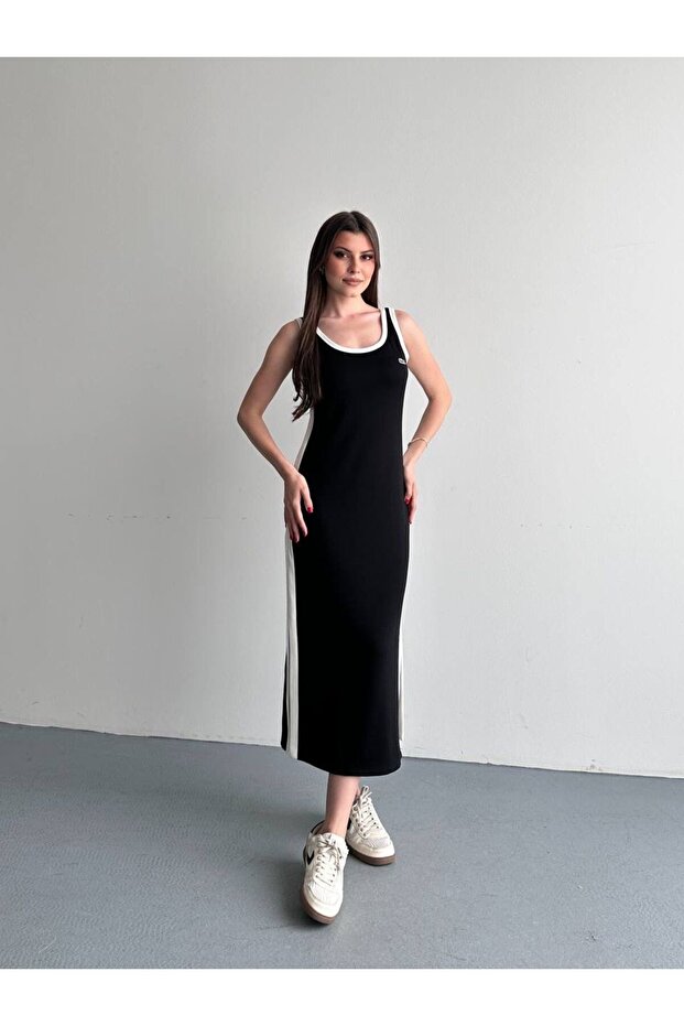 Lcs Modal Fabric Black Dress with Striped Sides and Slits