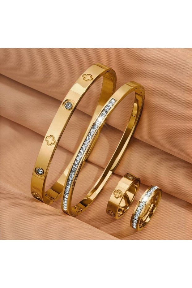8 Gold Color 4pcs Luxury Stainless Steel Bracelet And Ring Set For Couples Waterproof No Fading Tren