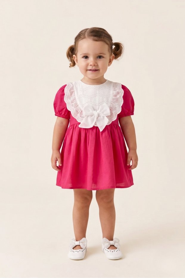 Fuchsia Short Sleeve Scallop Detailed Bowknot Baby Girl Dress - Rosa