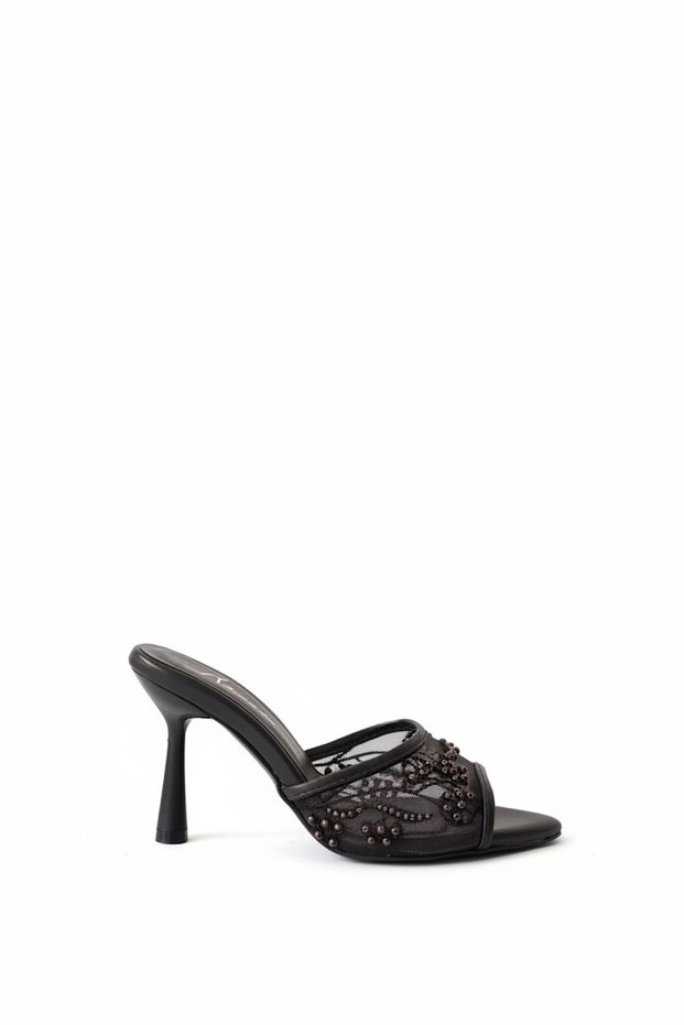 Dodi Burgundy Lace Bead Embroidery Detailed Women's Heeled Slippers