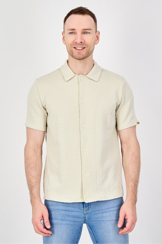 Men Regular Fit Textured Short Sleeve Casual Shirt, Beige