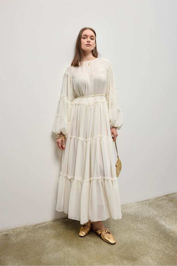 Women's Ruffled Layered Chiffon Dress with Lace Detail - Ecru