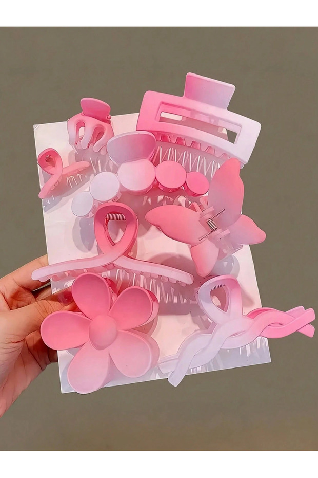 8Pcs/Set Gradient and Solid Pink Color Hair Clips, Including Floral and Butterfly Designs