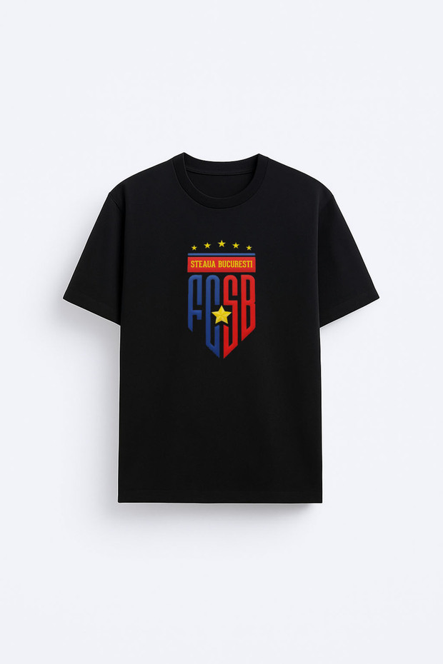 Steaua București Romania Printed 100% Cotton Fabric Black T-Shirt T-Shirt