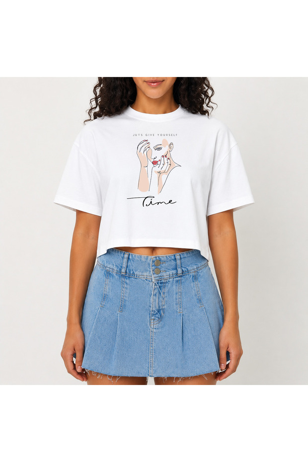 Crop T-Shirt White Printed Relaxed Fit Raw Cut Basic Short Tshirt