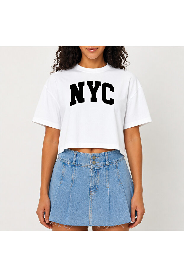 Crop T-Shirt White New York City Printed Relaxed Fit Raw Cut Basic Short Tshirt