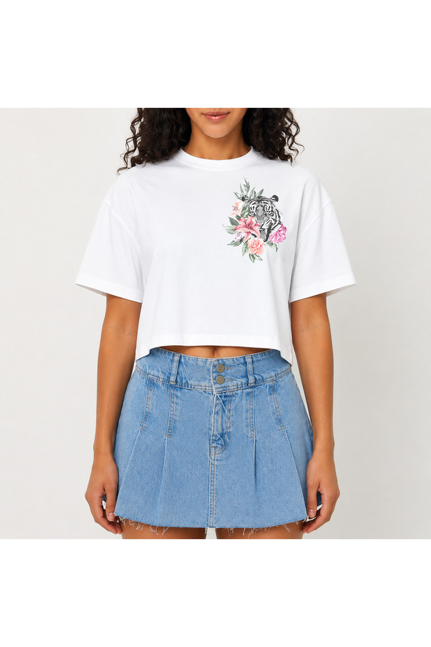Crop T-Shirt White Printed Relaxed Fit Raw Cut Basic Short Tshirt