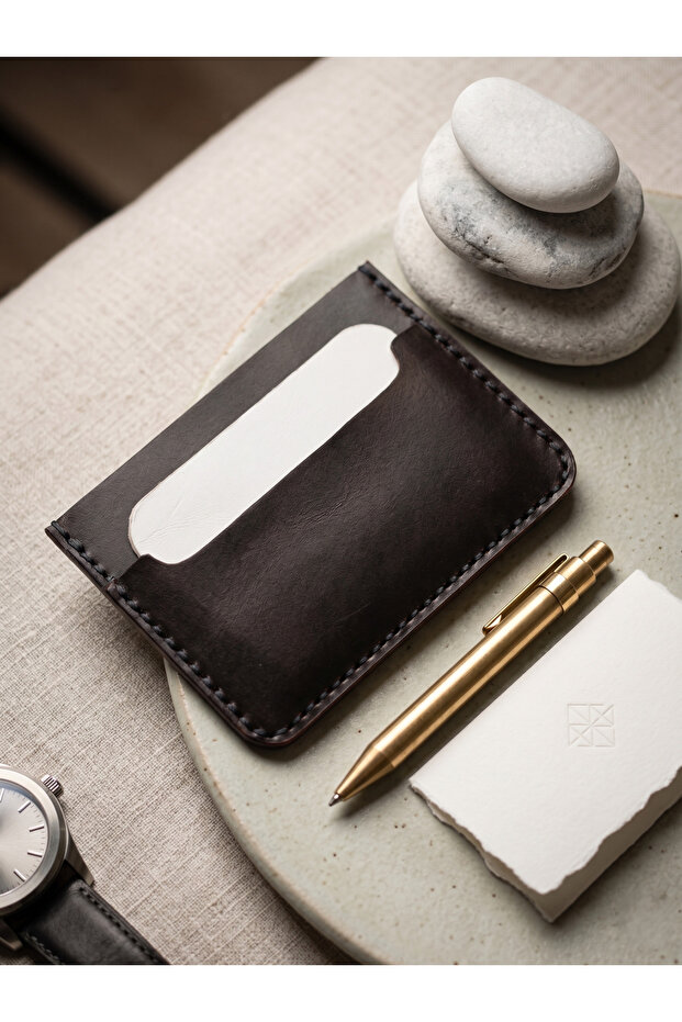 Father's Day Gift Genuine Leather 5-Compartment Black-White Minimal Palm Design Wallet and Card Holder Drc60