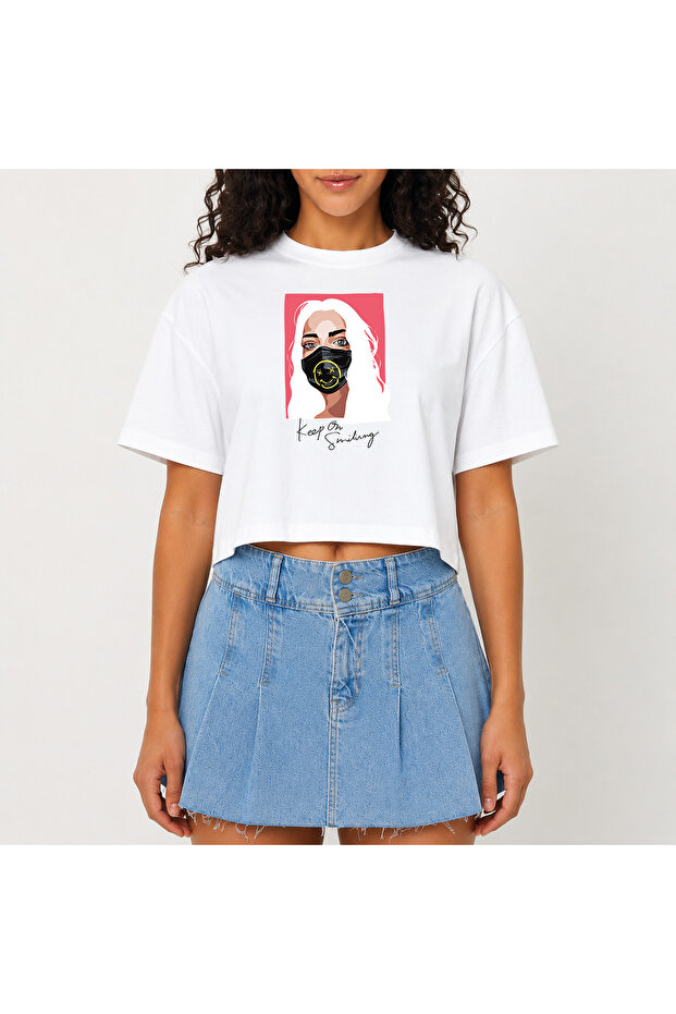 Crop T-Shirt White Printed Relaxed Fit Raw Cut Basic Short Tshirt