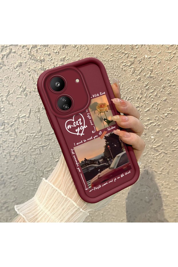 Poco C65 Compatible Claret Red Frame Vintage Photo Collage Motif Flexible Silicone Case