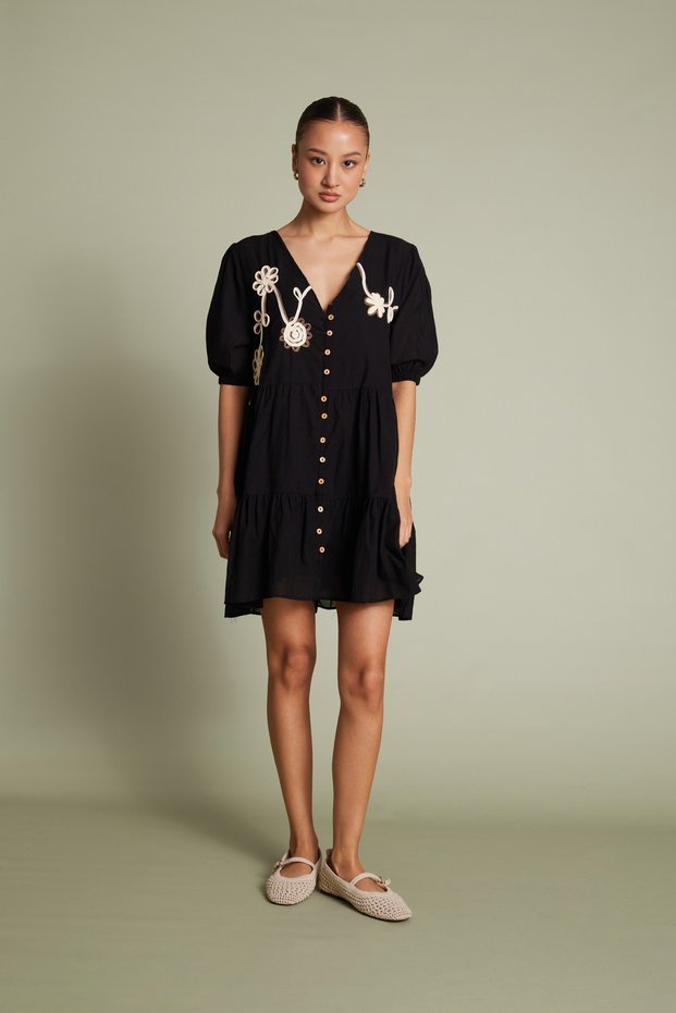 Süzeneli Embroidery Detailed V-Neck Balloon Sleeve Mini Dress Black