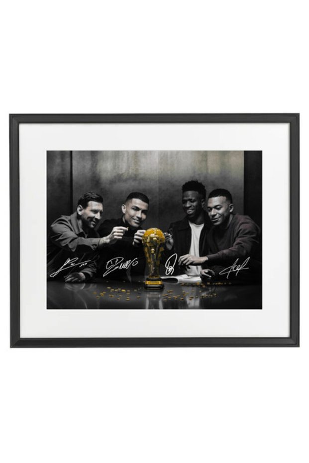 Messi Ronaldo Mbappé Vinícius Jr Printed Autograph Framed Poster 50x40cm – World Cup Trophy Football Legends Wall Art – Soccer Memorabilia Gift