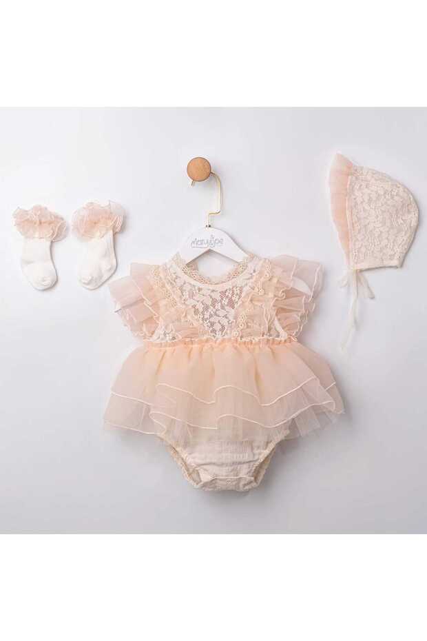 Back Part with Bow Tie and Lace, Baby Girl 3-Piece Romper Set - Hat - Socks - Jumpsuit (1 Size Is Recommended for Larger Sizes)