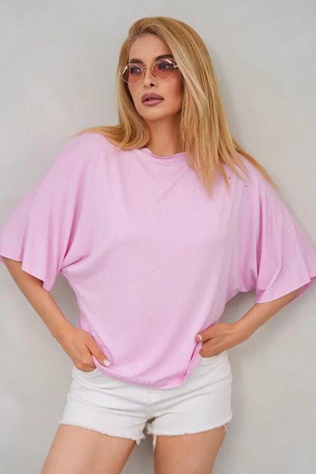 Women's Stone Embroidered Bat Sleeve Viscose Combed Cotton Blouse 26063