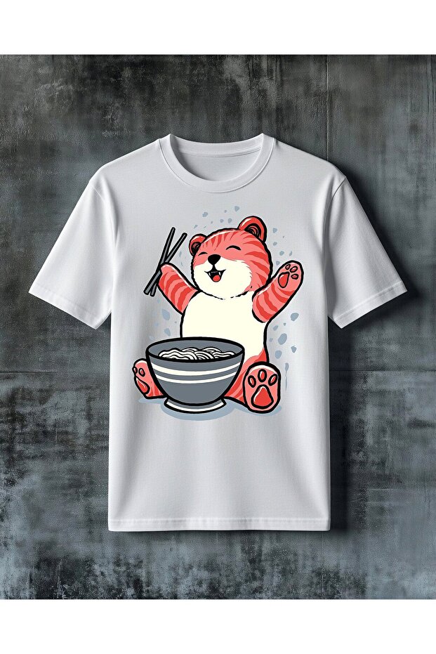 Happy Bear Eating Ramen Printed Oversize T-Shirt