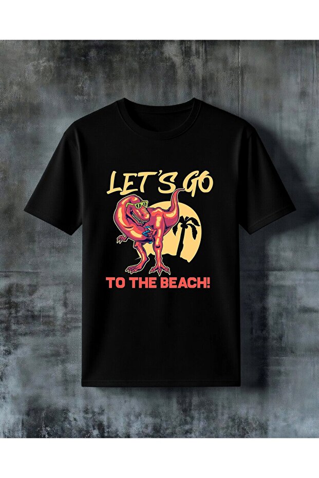 تي شيرت كبير الحجم مطبوع عليه عبارة "lets go beach dinosaur"