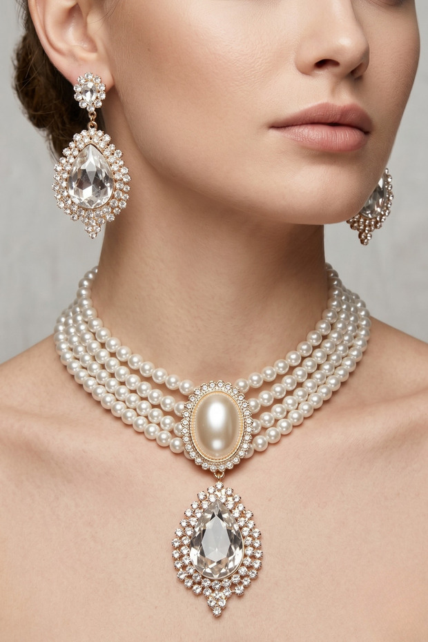 Pearl and Stone Crystal Choker Necklace Earring Set