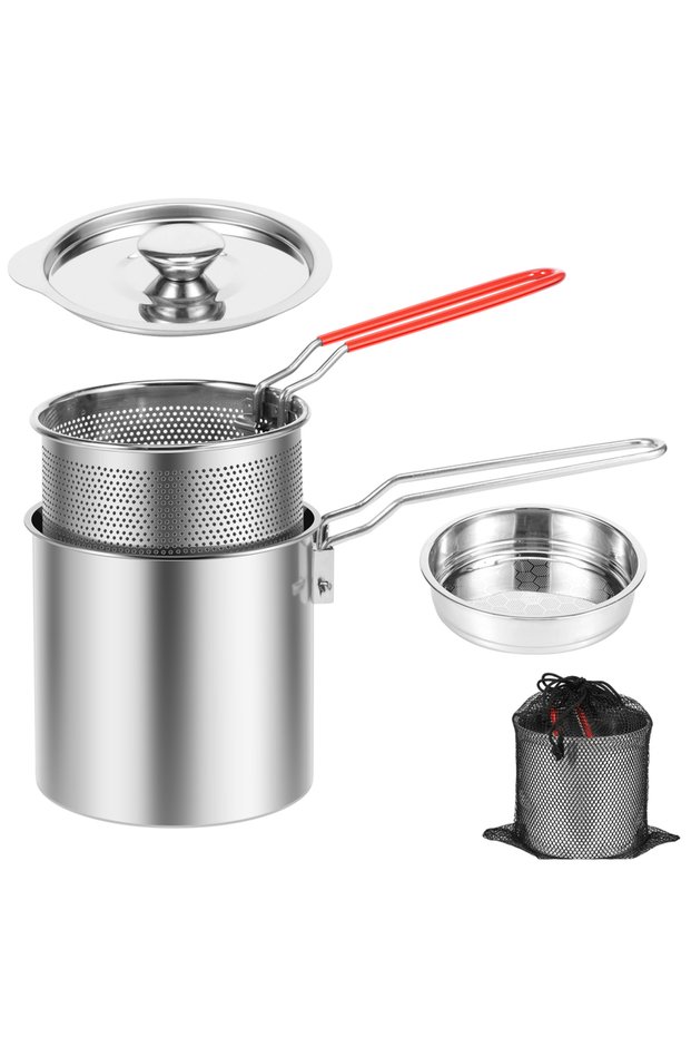 silver Style 1 Deep Fryer Pots Stainless Steel Deep Frying Pot Portable Kitchen Oil Fryer Pots with
