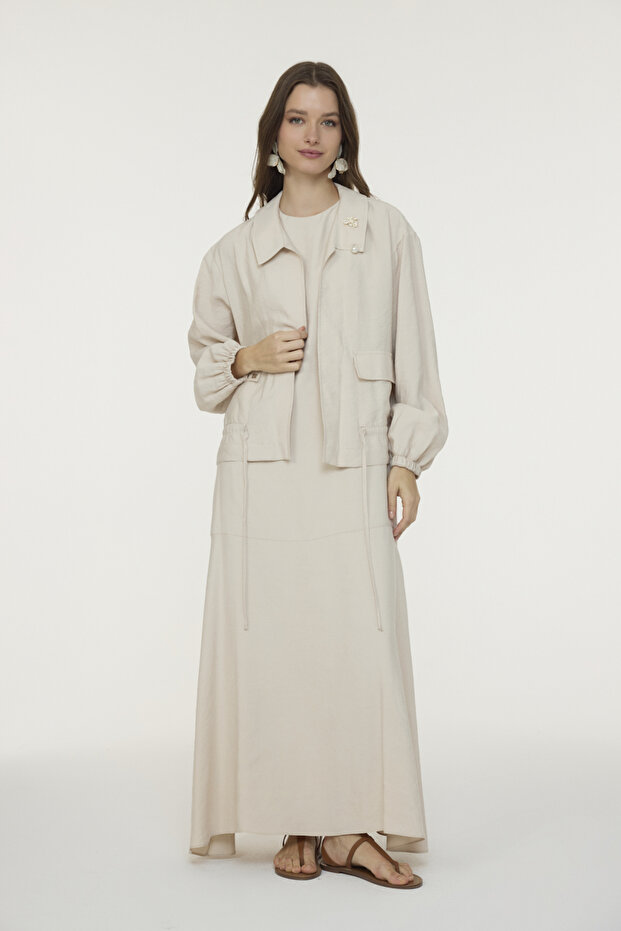 Brooch Detailed Jacket Dress Beige Suit 1957