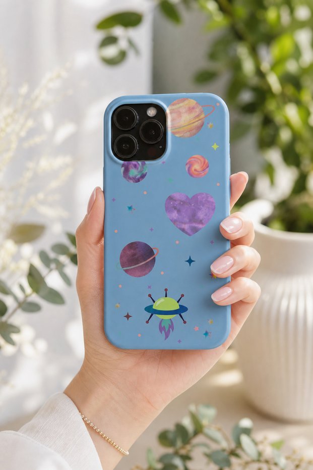 حافظة ممتصة للصدمات من السيليكون بنمط فضائي متوافقة مع هاتف iPhone 13 Pro باللون الأزرق