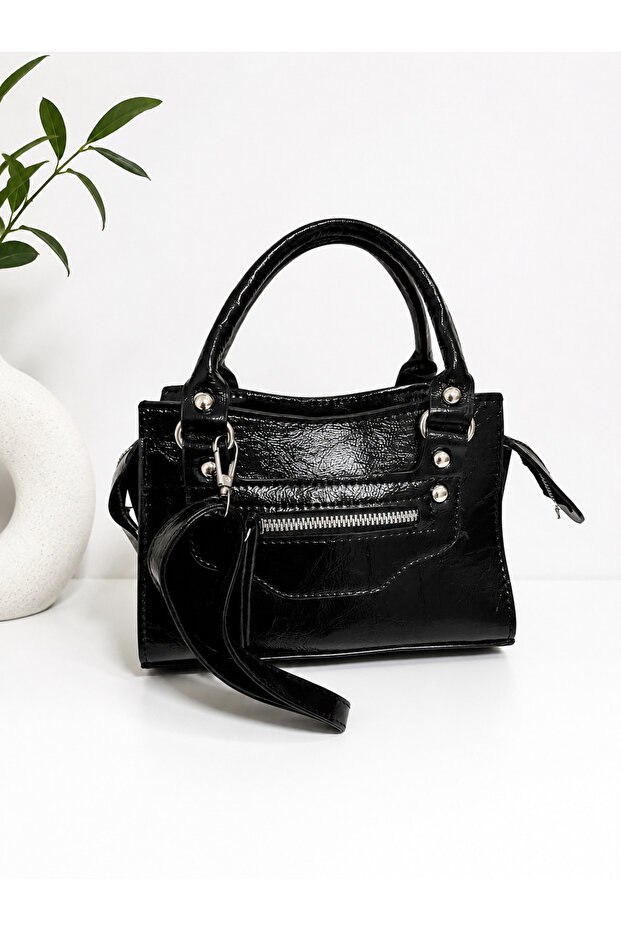 Women's Patent Leather Hand and Shoulder Bag with Strap Mini Tote Bag