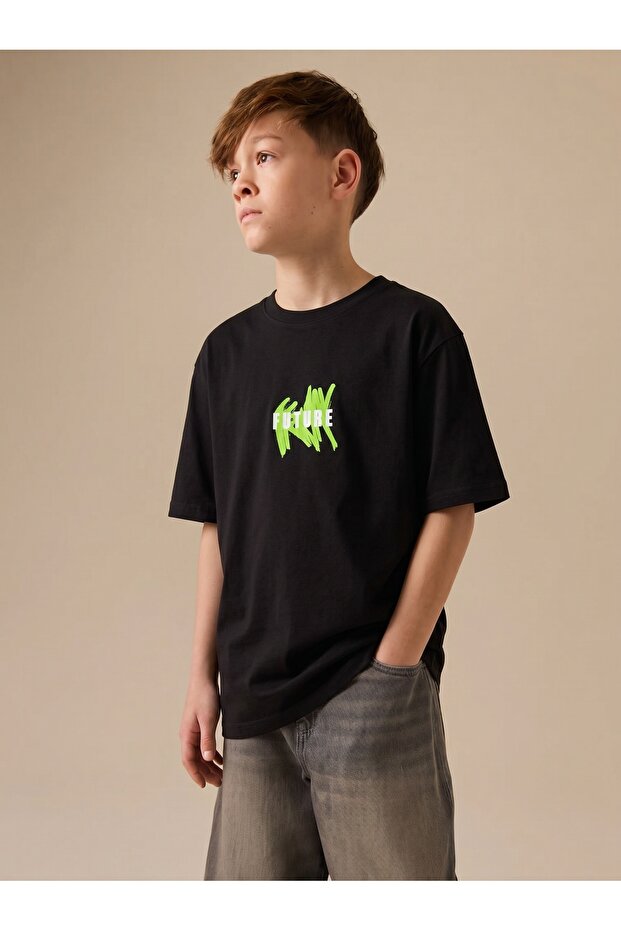 Boy's Front and Back Custom Printed Combed Cotton Tshirt Black