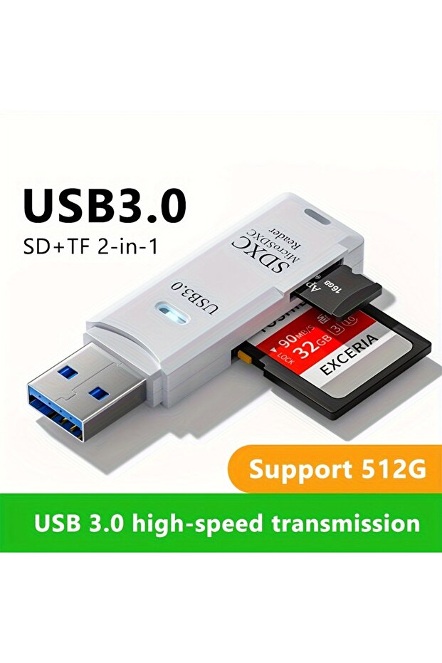 قارئ بطاقات متعدد الوظائف USB 3.0 أبيض صغير عالي السرعة 2 في 1، يدعم USB 3.0/2.0 وبطاقات مايكرو SD وTF للتخزين