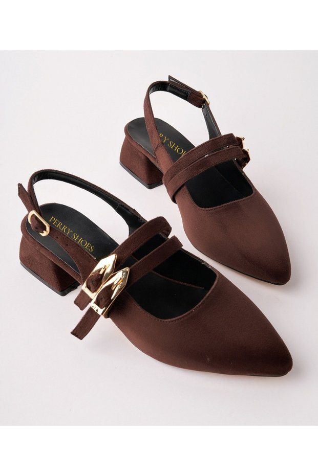 Vernis Women's Bitter Brown Suede Double Tape Buckle Pointed Toe Slingback Thick Heeled Shoes