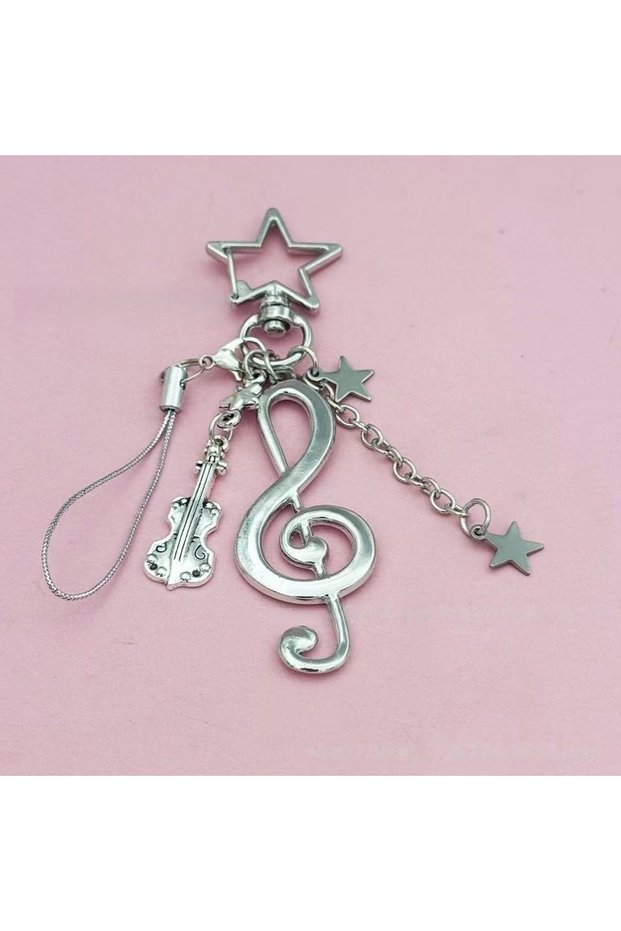Metal silver Ins Style Metal Treble Clef Phone Charm with Star Chain, Music Symbol Anti-lost Lanyard